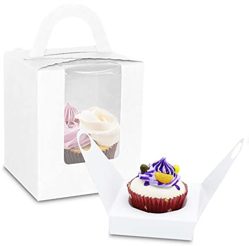 50PCS Individual Cupcake Boxes with Handle, Single Cupcake Box with Window and Insert, Perfect for Birthday Parties, Christmas, Wedding, Cake Shop (White)