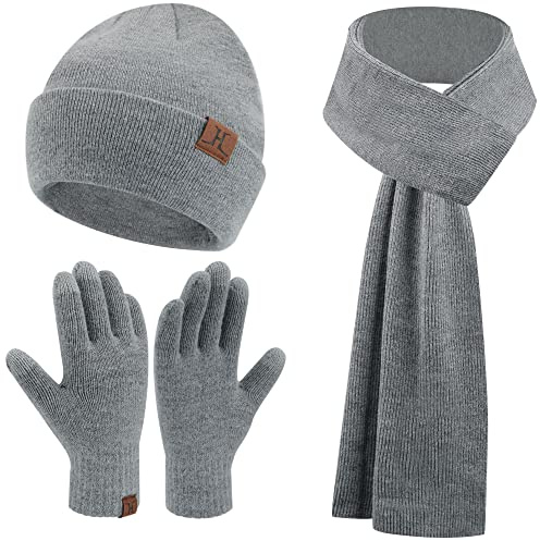 Bequemer Laden Herren Damen Winter Beanie Mütze Lang Schal Handschuhe Set | Thermo Herren Damen Wintermütze Strickmütze Winterschal Winterhandschuhe Strickhandschuhe Fleecefutter Weihnachtsgeschenke
