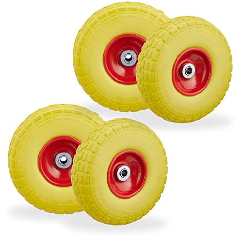Relaxdays 4 Stück Schubkarrenreifen Pannensicher Vollgummi 4.1/8.9-10.2 cm 16mm Achse Ersatzrad Gelb Rot