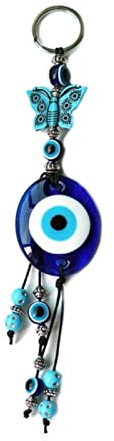 BIOLIVING Papillon Verre Bleu Turc Mauvais Œil Perle Porte-clés Couleur Argent Porte-clés Porte-clés pour Femmes Hommes Bijoux