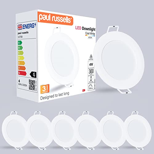paul russells LED Ceiling Downlights, 4W Slim Recessed Bathroom Downlights, Kitchen Ceilings, 300 Lumens, 4000K Cool/Natural White, Cutout 70-80mm, Round Non-Dimmable Panel Spotlights, 6 Pack