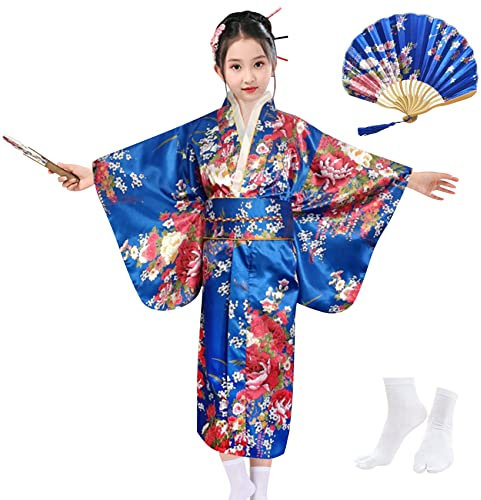 KRUIHAN Japanese Style Girls Traditional Kimono Kids Yukata Robe Satin Dressing Gown Kids Cosplay Costumes Party Dress,with Folding Fan and Tabi Socks,Style B,Royal Blue,150
