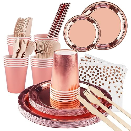 Partygeschirr,ZEEREE 200 Stück Pappteller Set, Papier Geschirr Set Partyzubehör Einschließlich Messer Gabel Löffel Teller Becher Servietten für 25 Gäste