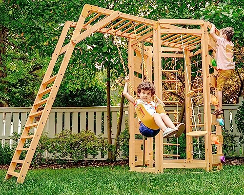 Avenlur Hawthorn 9-in-1 Outdoor Activity Center | Swing, Rock Wall, Monkey Bars | Ages 3-11 | Pine Wood Construction | Climbing Rope, Net Wall | Strength, Coordination, and Imagination-Boosting Fun