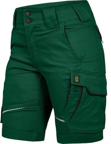 Leibwächter – Arbeitsshorts Damen Flex LINE Grün-schwarz – Größe 34 – Robuste Cargo Hose mit Taschen – Handwerker Shorts – Berufsbekleidung – Multifunktionshose mit Reflektoren
