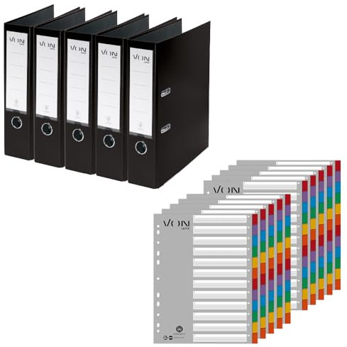 VON Leitz Set Ordner mit Register, 5er Pack Ordner A4, Karton mit Kunststoffeinband, Für 600 Blatt, 80 mm Rückenbreite, Schwarz, 10551095 & 10er Pack 12-teiliges Register A4, 13010000