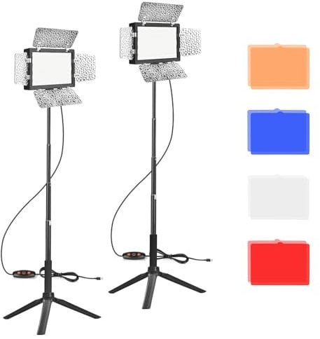 EMART 2 Confezioni Luce Video a LED, Luci da Studio Dimmerabili con Porta a Sbarre e 4 Filtri Colore, Illuminazione Fotografica 5500K 66 LED per Riprese Fotografiche da Tavolo e Video in Streaming