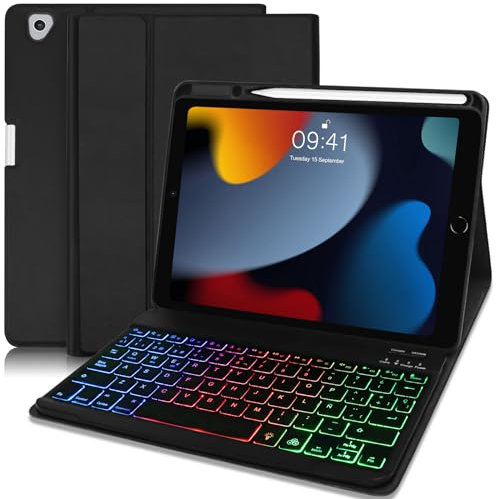 Funda con Teclado iPad 10.2 para 9th/8th/7th Generación (2021/2020/2019), Funda Protectora con Soporte para Lápiz y Teclado Inalámbrico Desmontable Retroiluminado para iPad Air 3/iPad Pro 10.5
