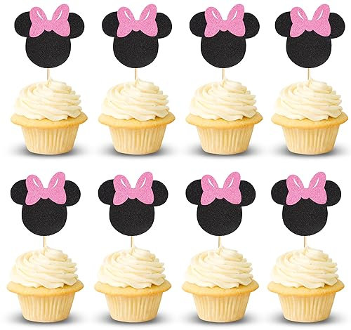 Arthsdite 24Pcs Mouse Inspired Cupcake Toppers with Pink Bow Black Glitter Mouse Cake Decorations for Baby Shower Wedding Kids Birthday Party Cake Decorations Supplies - Black Pink Glitter