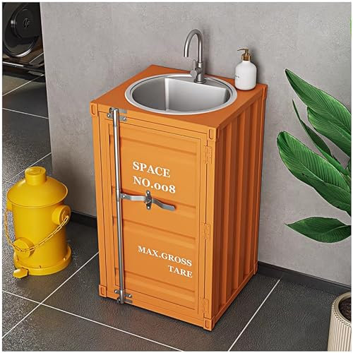 ZTGL Badmöbel Set Waschbecken mit Edelstahlhahn, Iron Art, Hohe Qualität Loft Industrial Style Bodenstehend Waschbecken Waschplatz Badezimmer Toilette,Orange,Without Mirror