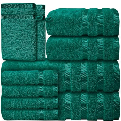 Casabella Luxury 10 Piece Towels for Bathroom - Bath Towel Set 100% Cotton-2 Bath Towels, 2 Hand Towels, 4 Face cloth & 2 Body Wash Gloves Quick Dry Hotel Quality Bathroom Towels Bale Set Jade