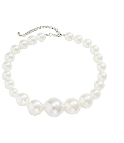 Clataly Retro imitation perle collier bracelet grandes perles collier bijoux femmes collier de perles grossières (Collier en argent)