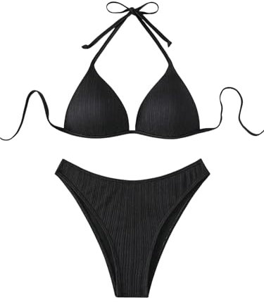 GORGLITTER Push Up Bikini Damen Set High Waist Neckholder Bikini Mit Bügel Zweiteiliger Badeanzug Bademode Schwarz M