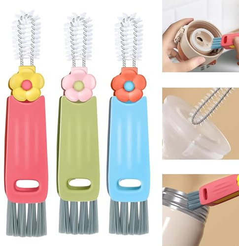 3 Pcs 3 In 1 Multifunctional Cleaning Brush,Cute Flowers Cup Lid Brush,Portable Bottle Cap Crevice Cleaning Brush,Bottle Brush for Bottle Crevices,Small Space Cups,Coffee Cups