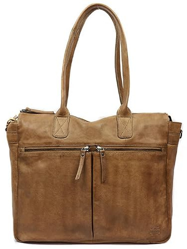 Bear Design Damen Leder Tasche, Schultertasche, Handtasche,Shopper Binni, Leder Henkeltasche, Damen Business, Büro, College Tasche (Taupe)