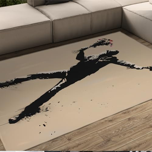 WEECHAINGE Banksy Stil Street Art Bereich Teppich Junge mit Blumenmuster Akzent Teppich Schlafzimmer Teppiche Fußmatte vor Kamin rutschfest 180x300cm