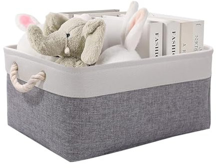 June tech Small Fabric Storage Basket, Waterproof Foldable Storage Baskets, Canvas Storage Boxes for Wardrobe, Bedroom, Office Products (Grey & White, 12.2x8.2x5.1inch)