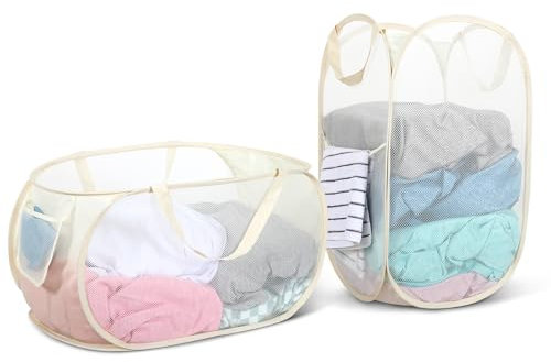 WUFANC Pop Up Wäschekorb Faltbar 2 Stück (34*34*60cm/28*33*59cm) , Wäschekorb Klappbar aus Netzmaterial, Faltbarer Wäschekorb mit Henkel für Badezimmer Camping College Dorm Und Reisen,Wäsche(Beige)