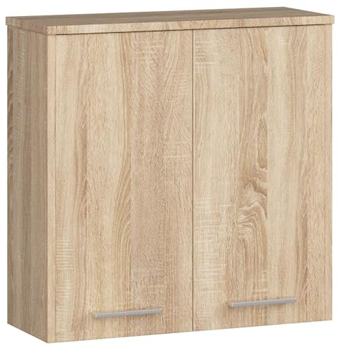 3E 3xE living.com Hängender Badezimmerschrank: Zwei Türen, Zwei Regale, Farbe: Sonoma-Eiche, A: B: 60 cm, H: 60 cm, T: 22,5 cm.