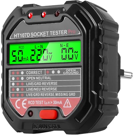 Steckdosentester mit RCD-Prüfung und LCD-Voltage-Display, Digitaler Socket Tester 6 Arten von Fehlerdiagnose, 10A Steckdosenprüfgerät mit Kontrollleuchten, FI Tester 90-250V/45-65Hz CAT ll 300V