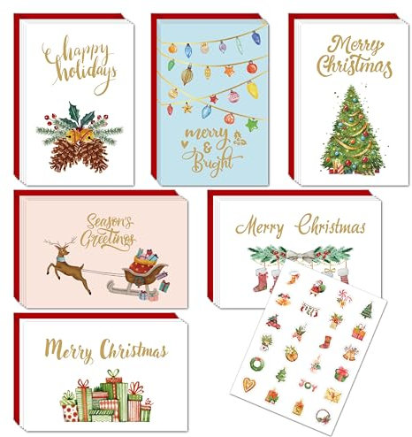 Weihnachtskarten mit Umschlag Set, 24 Stück Weihnachtskarten A6 Klappkarten Weihnachten, 24 Stück Christmas Cards mit 24 Rot Umschlägen und 1 Aufkleber