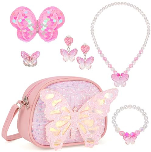 BTHRORO Handtasche Mädchen Schmuckset, Schmetterlings Halsketten Armband Ringe Ohrclips Haarseile Kinderschmuck Umhängetasche Prinzessin Party Ankleiden Rollenspiel Geburtstagsgeschenk