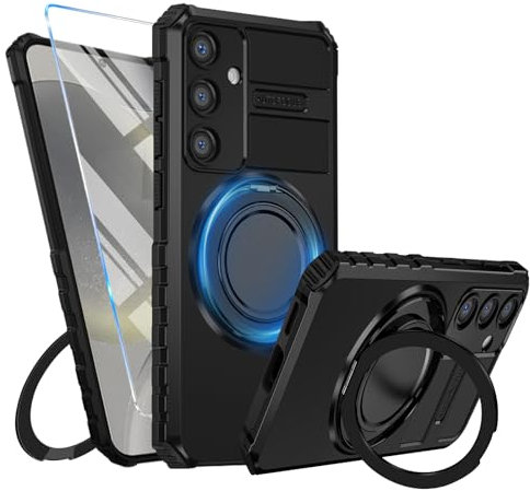 Handyhülle für Samsung Galaxy S24 Hülle mit S24 Schutzfolie, mit Mag-safe 360 Grad Magnetisch Metall Ring Ständer Matt PC TPU Galaxy S24 Handytasche Case Stoßfest Schutzhülle für Samsung S24 (Schwarz)