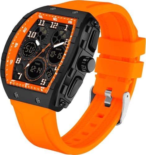 findtime Montre analogique numérique pour homme - Étanche - Style militaire - Style décontracté - Quartz - Avec chronomètre LED - Compte à rebours - Alarme - Écran incurvé, Orange