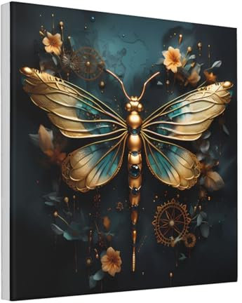 POEZJZW Goldener Kunstdruck auf Leinwand, Libellen-Motiv, moderne Dekoration für Wohnzimmer, Schlafzimmer, Büro, ungerahmt, 40,6 x 40,6 cm