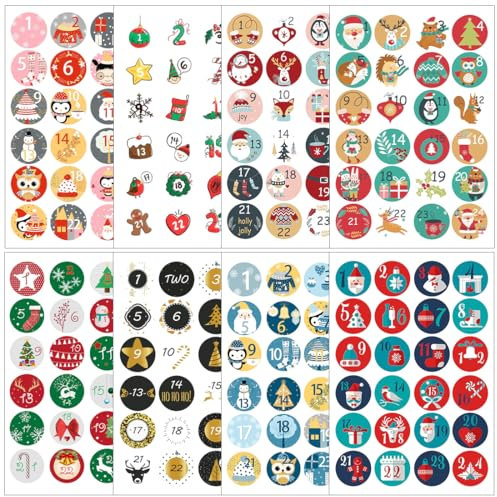 8 Fogli Adesivi Calendario Avvento Natalizio,1-24 Numeri Adesivi Natalizi, Natale Adesivi Calendario Avvento Fai Da Te,Adesivo Calendario Dell'Avvento Rotondi per Regali Decorazioni Natalizie
