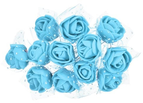 PATIKIL Mini Têtes de Fleurs Artificielles Roses 0,98 Pouces, 144 Pcs en Vrac Tiges en Mousse de Roses Faux avec Gaze pour Bouquet de Mariage Boutonnières Gâteau Artisanat, Bleu Ciel