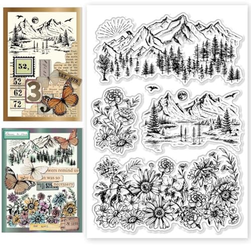 CHGCRAFT Mountain Forest Clear Stamps Gänseblümchen Blume Transparente Silikonstempel für Kartenherstellung Silikon Clear Stamp Siegel für DIY Scrapbooking Foto Journal Album