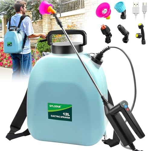 Nebulizzatore Giardino a Batteria 12 litri, Spruzzatore a Pressione Elettrico con 5 Ugelli per Nebbia, Manico Ricaricabile USB, 3 Velocità di Spruzzo, Spruzzatore da Giardino, Nebulizzatore Acqua