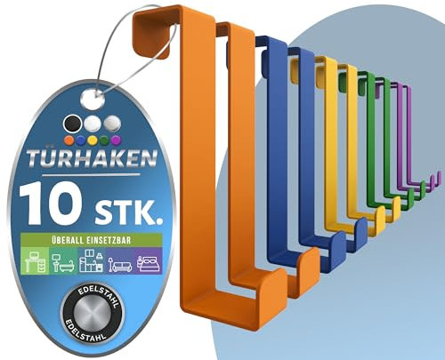 4happy Türhaken zum Einhängen - 10 Stück robuste Haken zum Einhängen, Kleiderhaken Tür einzeln verwendbar oder als Türhakenleiste, Türgarderobe, Fb. Bunt