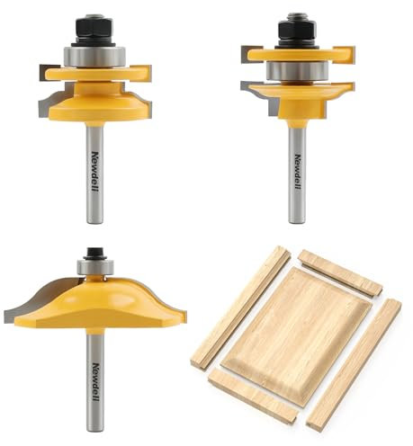 Newdeli 3Pcs Raised Panel Router Bits 1/4 Shank Cabinet Door Router Bit Set (Tenon Cutter Diameter: 1-5/8) Ogee Rail and Stile Router Bits Tongue and Groove Router Bit Set Cabinet Making Tools