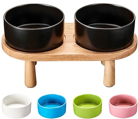 MOPANG Elevated Dog Bowls Ceramic for Small Breed, Elevated Cat Bowl with Wood Stand, 1.7 Cups Dog Food and Water Bowl Set, 14FL.OZ, Dark Gray