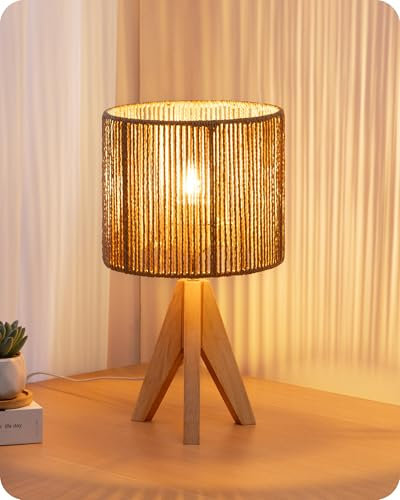 EDISHINE Lampe de Chevet Trépied en Bois Massif, E27 Ampoule de 2700K 4W Incluse, Abat-jour en Corde Tissée à la Main, 20 x 20 x 36 cm, Lampe de Table Moderne pour Chambre, Salon, Hôtel