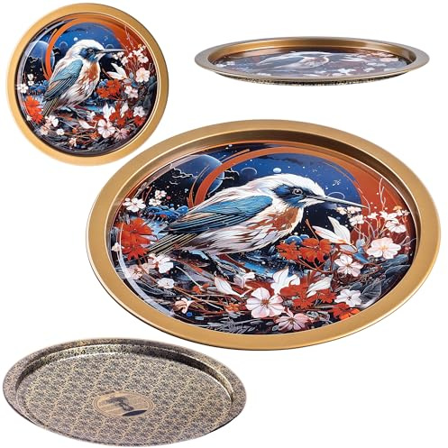 KADAX Serviertablett aus Metall, 32.5 cm Durchmesser, Rundes Deko Tablett mit erhöhtem Rand und stilvollem Design, Dekoteller Rund, Metalltablett (Vogel)