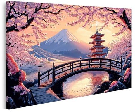 islandburner Tableau sur toile Paysage japonais avec fleurs de cerisier et pagode pour salon Amateurs japonais Images murales Poster mural