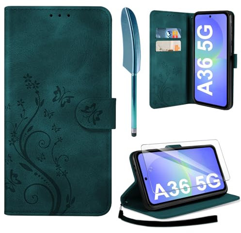 AROYI Lederhülle Kompatibel mit Samsung Galaxy A36 5G Hülle und Schutzfolie, Flip Wallet Handyhülle PU Leder Case Kartensteckplätzen Schutzhülle Kompatibel mit Samsung Galaxy A36 5G Blaugrün