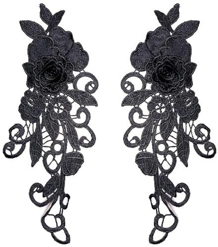 YKAFADE 2 Stück Stickerei Spitzen Blumen Patches, Spitze Applikation Zum Aufnähen Spitzenapplikation Blumenstickerei Patch für DIY Hochzeit Brautkleid Reparatur Kleidung Rucksäcke Jeans -Schwarz