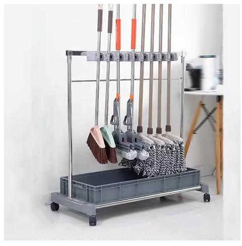 DDNGEJ Broom And Mop Holder Floor-standing Stainless Steel Storage Rack Cleaning Tool Cart Mobile Mop Rack