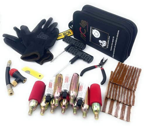 Kit Riparazione Pneumatici Moto Set Portatile Ripara Gomme Tubeless, Senza Camera d'Aria con Mastice Slime Moto (PRO 12 CO2)