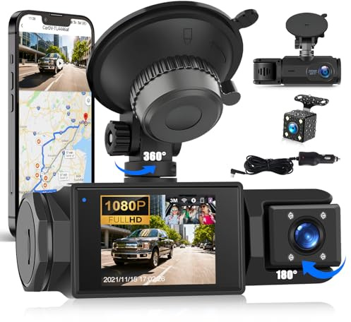 Dashcam 3 Canaux (Avant/Arrière) 2,0 Pouces 1080P pour Voiture avec Triple Caméra, Contrôle APP, Vision Nocturne Super, Enregistrement Boucle, Capteur G, Aide Stationnement, Surveillance 24h