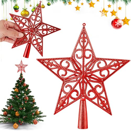 Forma di stella per albero di natale Rossa, Puntale Vintage da 20cm con Design Cavo, Decorazione Intensa Senza Glitter per un Tocco Caldo e Festoso