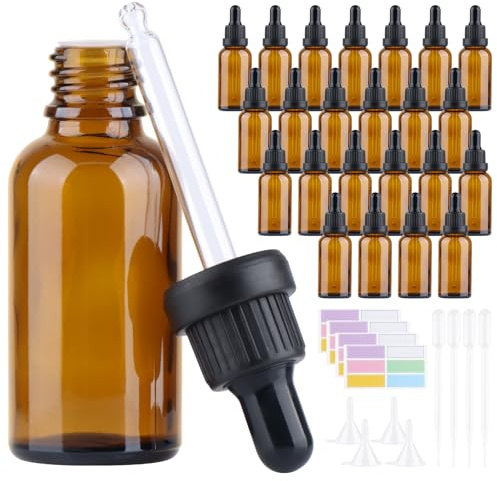 iulrtba 24Pcs 30ml Amber Glass Dropper Bottle, Dropper Bottles Refillable | Amber Glass Dropping Bottle with 4 Plastic Droppers 4 Small Funnels 24 Stickers, for Essential Oil Aromatherapy Perfumes