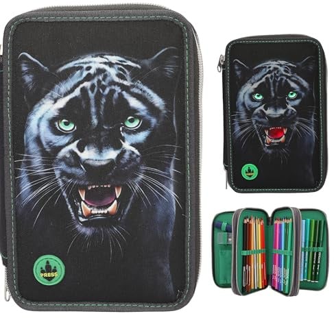 Depesche 13709 Adventure World Panther - Gefüllte 3-Fach Federtasche in Schwarz, mit Panther Motiv und LED Lichteffekten, Federmappe mit Buntstiften, Schere, Lineal UVM.