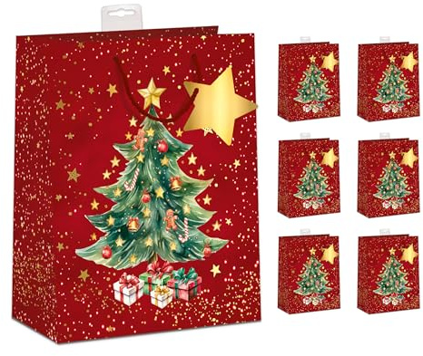PremiumLine Geschenktüten Weihnachten Groß, 6 Stück | Hochwertig beschichtet & mit Beschriftungskarte | Sehr Stabil, Verstärkter Boden & Rand | FSC® Karton 210 g/m² | DIN A4 (26x32x12cm)