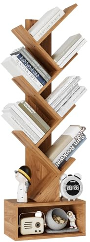 YMYNY 6 Tier Tree Bookshelf, Tall Bookcase, Wood Book Storage Rack with Drawer, Modern Floor Standing Book Shelf for Books/Movies/CDs, Utility Organizer for Living Room, Home Office, Oak Color HBC016K