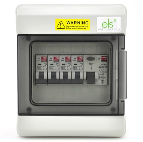 ELS Elektrotechnika Feuchtraum Verteilerkasten IP66 Aufputz | 6 Module Sicherungskasten Vormontiert mit FI-Schutzschalter & 4x LS (1xB10/3xB16) Typ A - UV-Beständig Outdoor